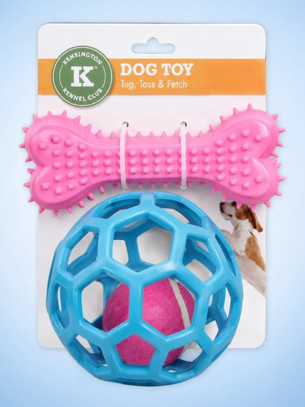 Kensington Kennel Club Dog Toy Set Pink Bone Blue Ball Tug Toss Fetch New